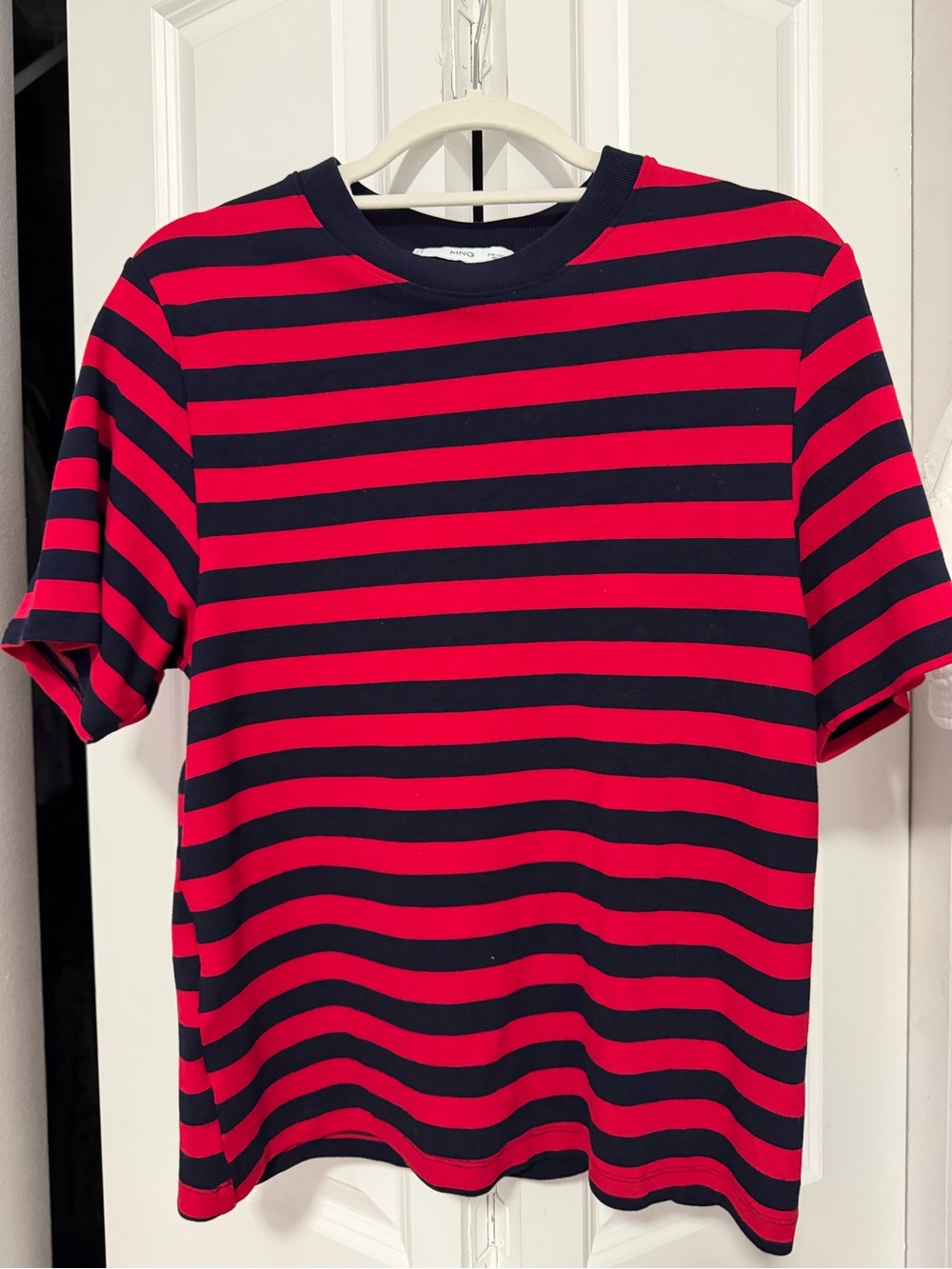 Mango Woman’s Red and Navy Striped Short-Sleeve Shirt